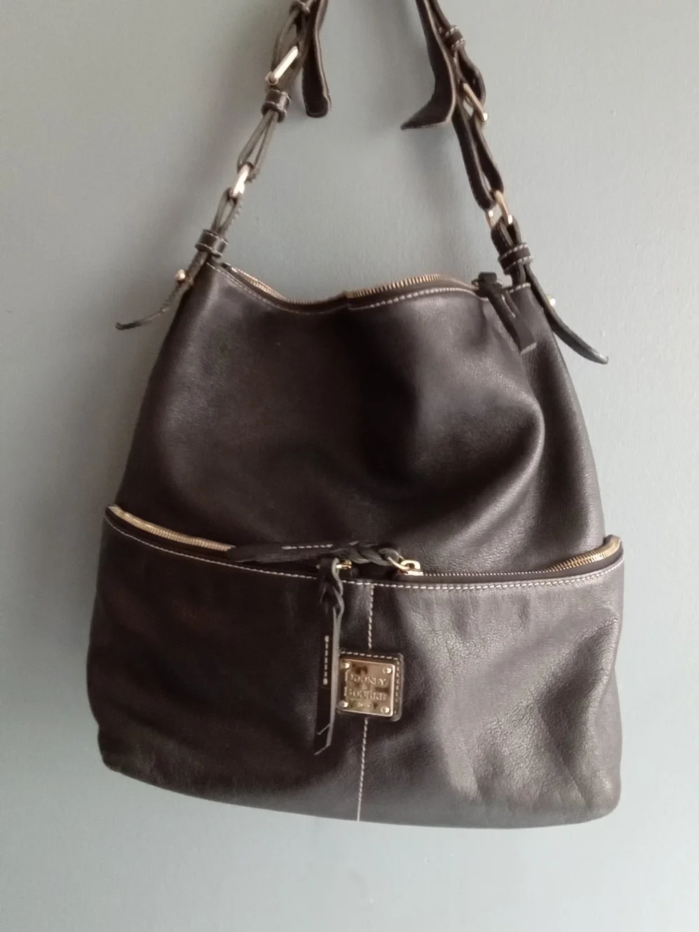 Dooney &‎ Bourke Black Pebbled Leather Hobo Shoulder Bag with Front Zip Pocket